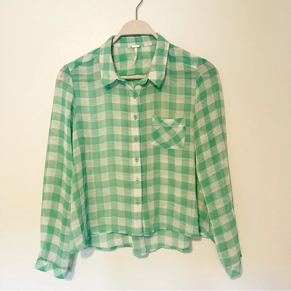 FREE PEOPLE Semi Sheer Gingham Blouse Button Up Top Green White High Low Small - Picture 4 of 12